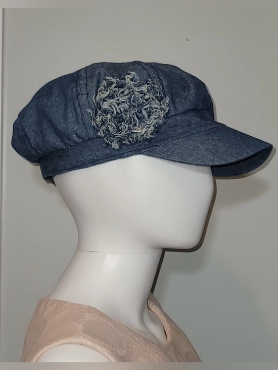 None Accessories - Women's Denim Newsboy Cap Distressed Flower Blue Cotton Elastic Back Hat Y2K